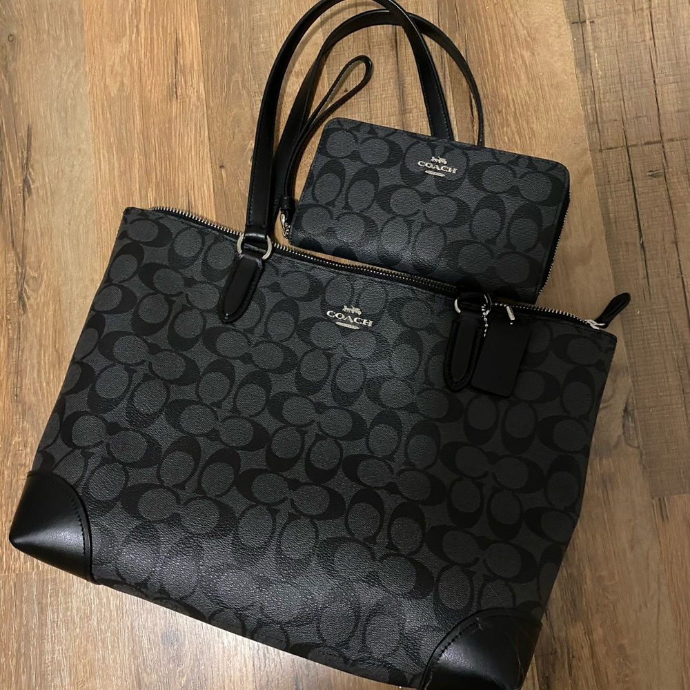 Black Leather Coach Tote and Wallet